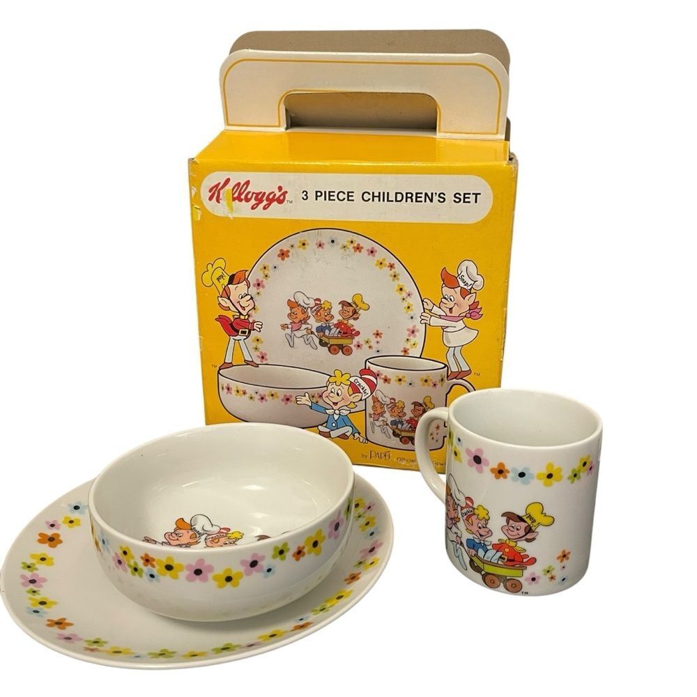 Kelloggs Snap Crackle Pop 3 Piece Childrens Porcelain Set Papel Box Vintage 1983